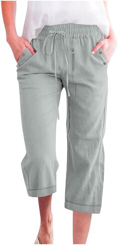 Anjikang Womens Capris for Summer Plus Size Lightweight Linen Capri Pants High Waisted Wide Leg Cropped Pants with Pockets in Saudi Arabia