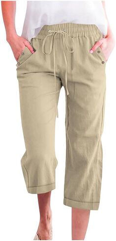 Anjikang Womens Capris for Summer Plus Size Lightweight Linen Capri Pants High Waisted Wide Leg Cropped Pants with Pockets in Saudi Arabia