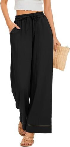 Casual Women's Wide Leg Summer Pants High Elastic Drawstring Waisted Cropped Loose Trousers in Kuwait