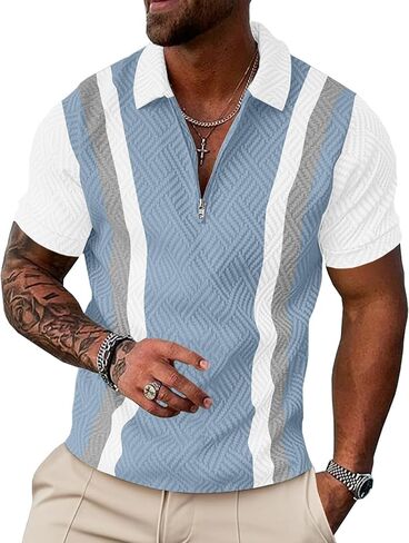 UOUA Men's 1/4 Zip Polo Shirts Summer Short Sleeve Sweatshirts Vintage Striped Texture Tops Casual Golf Tee in Kuwait