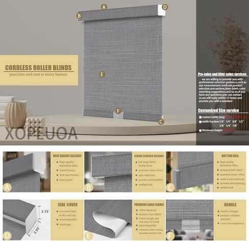 100% Blackout Roller Blinds for Windows,Cordless Custom Size Black Out Roller Shades,Thermal Insulated UV Protection Window Shades for Door,Bedroom,Linen,Grey,100" w x [20" H to 98" H]_Customize in Saudi Arabia
