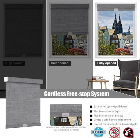 100% Blackout Roller Blinds for Windows,Cordless Custom Size Black Out Roller Shades,Thermal Insulated UV Protection Window Shades for Door,Bedroom,Linen,Grey,100" w x [20" H to 98" H]_Customize in Saudi Arabia