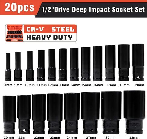 20 PCS 1/2-Inch Drive Deep Impact Socket Set, CR-V, 6 Point, 8mm to 32mm, Metric, Deep in Saudi Arabia