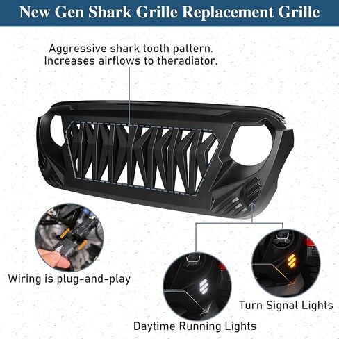Hooke Road JL Grill Matte Black Replacement Front Shark Grille w/LED Lights Compatible with 2018-2026 Jeep Wrangler JL & Gladiator JT in Saudi Arabia