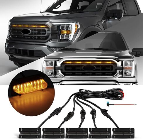 5 قطع مصابيح شواية LED متوافقة مع 2021 2022 2023 F150 XL/XLT/XLT Sport - ملحقات مصابيح الشبكة الأمامية LED مع الصمامات والحزام (أبيض) in Kuwait
