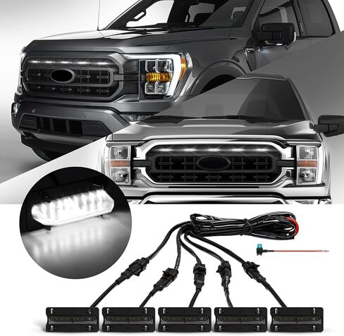 5 قطع مصابيح شواية LED متوافقة مع 2021 2022 2023 F150 XL/XLT/XLT Sport - ملحقات مصابيح الشبكة الأمامية LED مع الصمامات والحزام (أبيض) in Kuwait
