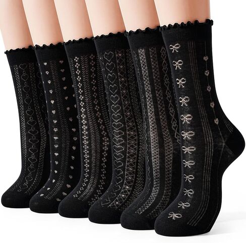 Jeasona 6 Pairs Women's Mesh Lace Ruffle Socks Cotton Casual Crew Ultra Thin Frilly Ankle Socks in Kuwait