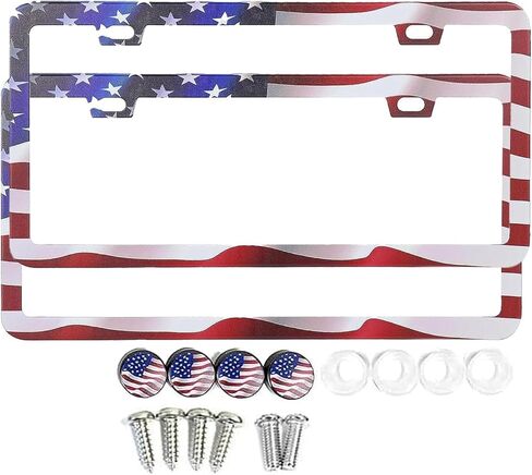 American Flag License Plate Frames for Car, Patriotic USA Stars and Stripes with Screws and Screw Covers, License Plate Frame Holders, Vintage Style (2 Pack) in Kuwait