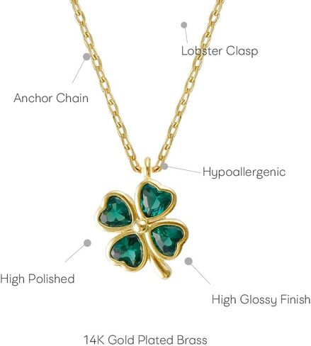 MUSTHAVE 18K Gold Plated Cubic Clover Good Luck Necklace with Message Card, Yellow Gold Color, Emerald, Lucky Charm, Anchor Chain, Size 16 inch + 2 inch Extender (Yellow Gold) in Kuwait