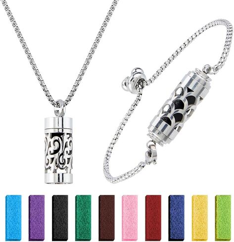 SUPERFINDINGS 2Styles Essential Oil Diffuser Necklace Bracelet Stainless Steel Aromatherapy Locket Column Pendant Set with 20Pcs Perfume Pads Adjustable Necklaces Bracelet for Christmas Birthday Gifts in Saudi Arabia