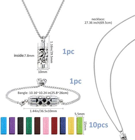 SUPERFINDINGS 2Styles Essential Oil Diffuser Necklace Bracelet Stainless Steel Aromatherapy Locket Column Pendant Set with 20Pcs Perfume Pads Adjustable Necklaces Bracelet for Christmas Birthday Gifts in Saudi Arabia