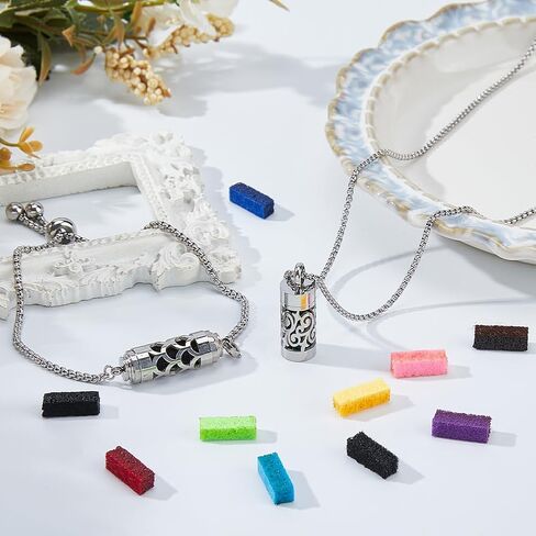 SUPERFINDINGS 2Styles Essential Oil Diffuser Necklace Bracelet Stainless Steel Aromatherapy Locket Column Pendant Set with 20Pcs Perfume Pads Adjustable Necklaces Bracelet for Christmas Birthday Gifts in Saudi Arabia