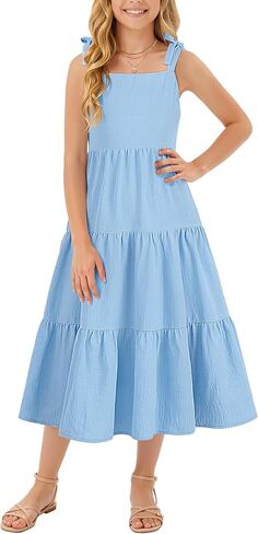 Cubear Girls Tiered Summer Dresses Sleeveless Tie Strap Boho Casual Sundresses with Pockets for Girls 5-13 Years in Kuwait