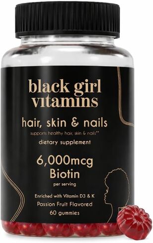Black Girl Vitamins - Hair, Skin, and Nails Gummies with Biotin (6000 mcg), Zinc, Gelatin Free, Vitamin A, and Vitamin E - Gluten-Free. Made in The USA (Strawberry, 60 Count) 30 Day Supply in Kuwait