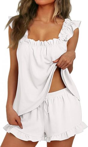 LILLUSORY Pajamas Sets for Women 2 Piece Cute Bridal Pjs Sexy Lounge Sleepwear Summer Outfits 2026 Ruffle Tops and Shorts in Saudi Arabia