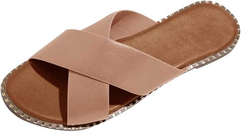 Oiangi صنادل نسائية رصع الشقق الصيف عادية المفتوحة تو الانزلاق على البغل عبرت حزام النعال أحذية السيدات مريحة in Kuwait