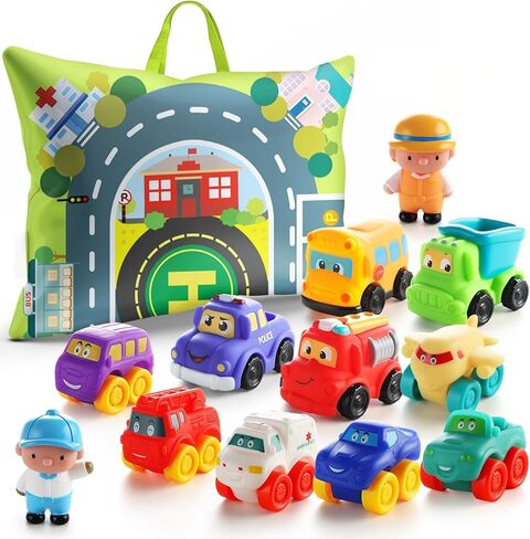 Soft Rubber Cars Toy for 1 Year Old Boy with Playmat (Storage Bag)|12 PCS Cartoon Cars Baby Toys for 12-18 Months|Toddler Toys Age 1-2|First Birthday Gift for 1 2 3 Year Old Boy in Saudi Arabia