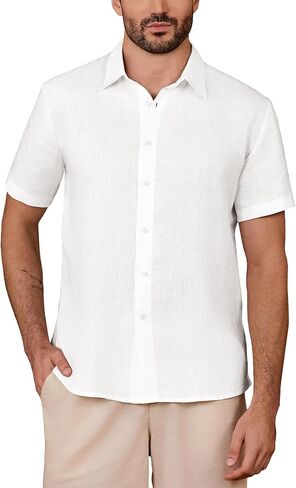 Kallspin Men's 100% Linen Button Down Shirts Casual Short Sleeve Tops Collared Summer Beach Shirts in Kuwait