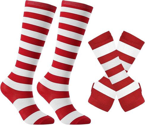 جوارب مجنونة مخططة باللونين الأحمر والأبيض حتى الركبة مع قفازات طويلة للأطفال والبنات والأولاد وإكسسوارات الحفلات التنكرية in Kuwait