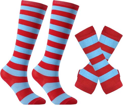 Red and White Blue Striped Crazy Socks Knee High with Long Gloves for Kids Girls Boys Costume Party Outfit Accessories in Saudi Arabia
