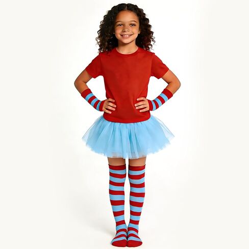 Red and White Blue Striped Crazy Socks Knee High with Long Gloves for Kids Girls Boys Costume Party Outfit Accessories in Saudi Arabia