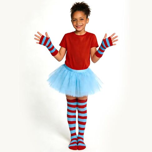 Red and White Blue Striped Crazy Socks Knee High with Long Gloves for Kids Girls Boys Costume Party Outfit Accessories in Saudi Arabia