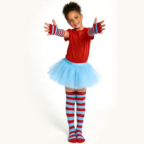 Red and White Blue Striped Crazy Socks Knee High with Long Gloves for Kids Girls Boys Costume Party Outfit Accessories in Saudi Arabia