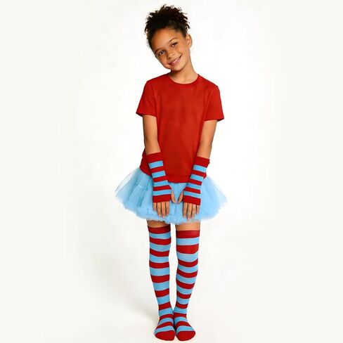 Red and White Blue Striped Crazy Socks Knee High with Long Gloves for Kids Girls Boys Costume Party Outfit Accessories in Saudi Arabia