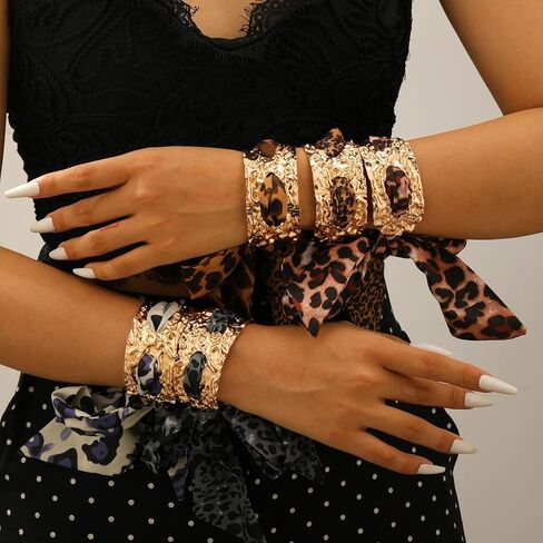 Leopard Bangle Bracelets for women Chunky Wide Gold Leopard Print Bracelet Scarf Big Cuff Silk Scarf Bangle Bracelets Charm Trendy Jewelry in Saudi Arabia
