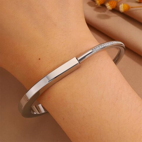 Silver Bangle Bracelet for Women, Lock-Shape Open Cuff with Shimmering Rhinestones, Durable Stainless Steel in Saudi Arabia