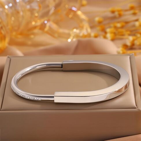 Silver Bangle Bracelet for Women, Lock-Shape Open Cuff with Shimmering Rhinestones, Durable Stainless Steel in Saudi Arabia