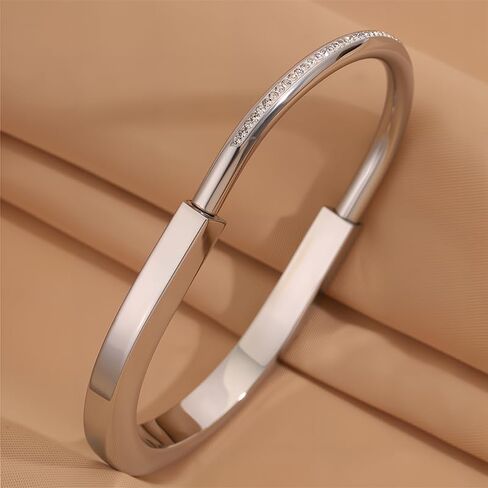 Silver Bangle Bracelet for Women, Lock-Shape Open Cuff with Shimmering Rhinestones, Durable Stainless Steel in Saudi Arabia