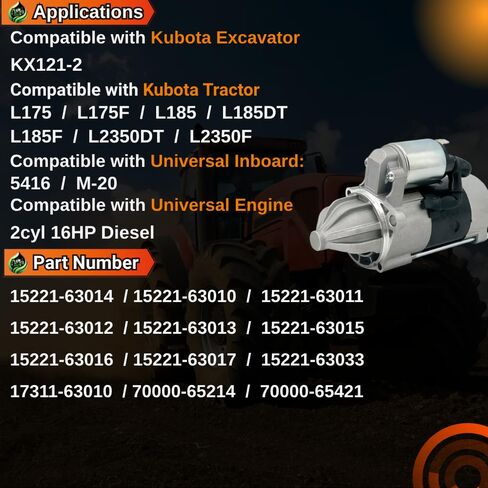 12V 9T 1.7Kw 15221-63014 Starter Motor Compatible with Kubota Excavator KX121-2 for Kubota Tractor L175 L175F L185 L185DT L185F L2350DT L2350F #17311-63010 15221-63016 15221-63015 in Saudi Arabia