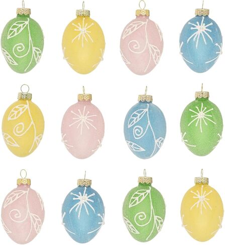 Valery Madelyn 12Pcs Glass Easter Egg Ornaments, 2.36" Semi-Translucent Sugared Finish with 3D Hand-Painted Raised Patterns Easter Tree Decorations, Pastel Hanging Baubles for Small Tree Spring Decor in Saudi Arabia