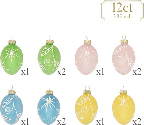 Valery Madelyn 12Pcs Glass Easter Egg Ornaments, 2.36" Semi-Translucent Sugared Finish with 3D Hand-Painted Raised Patterns Easter Tree Decorations, Pastel Hanging Baubles for Small Tree Spring Decor in Saudi Arabia