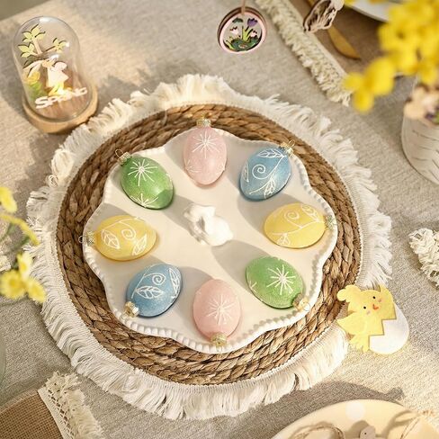 Valery Madelyn 12Pcs Glass Easter Egg Ornaments, 2.36" Semi-Translucent Sugared Finish with 3D Hand-Painted Raised Patterns Easter Tree Decorations, Pastel Hanging Baubles for Small Tree Spring Decor in Saudi Arabia