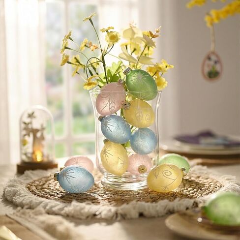 Valery Madelyn 12Pcs Glass Easter Egg Ornaments, 2.36" Semi-Translucent Sugared Finish with 3D Hand-Painted Raised Patterns Easter Tree Decorations, Pastel Hanging Baubles for Small Tree Spring Decor in Saudi Arabia