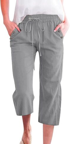 Capri Pants for Women Spring Summer Cotton Linen Straight Wide Leg Loose Drawstring Elastic Waist Cropped Trouser in Saudi Arabia