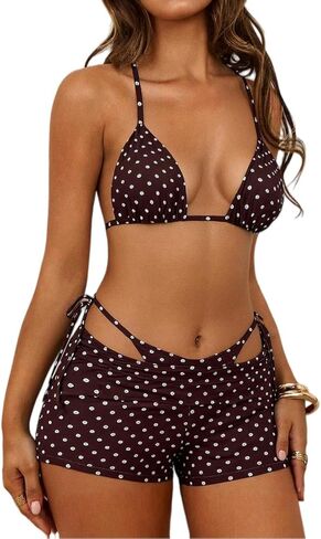 Women's 3 Piece Triangle Bikini Set Polka Dot Halter Swimsuit Cover Up Shorts Sexy Vacation Bathing Suit in Kuwait