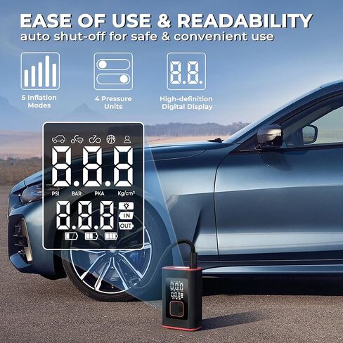 منفاخ الإطارات، ضاغط هواء محمول، مضخة هواء صغيرة لاسلكية مع مقياس ضغط رقمي 150 رطل لكل بوصة مربعة، 3X تضخم سريع، إيقاف تلقائي، بطارية كبيرة للسيارات، الدراجات، الكرات in Kuwait