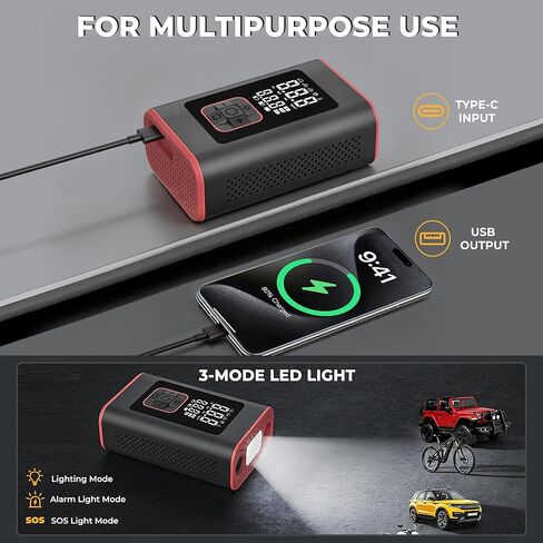 منفاخ الإطارات، ضاغط هواء محمول، مضخة هواء صغيرة لاسلكية مع مقياس ضغط رقمي 150 رطل لكل بوصة مربعة، 3X تضخم سريع، إيقاف تلقائي، بطارية كبيرة للسيارات، الدراجات، الكرات in Kuwait