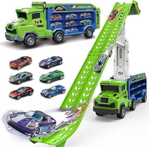 Toddler Car Truck Toys,Car Carrier Truck Toys for Kids Age 3-5 4-8,Foldable Car Track Sets with 2.8-Ft Race Track and 6 Die-Cast Race Cars, Truck Toys Gifts for 3 4 5 6 7 8+ Year Old Boys Girls(Green) in Kuwait