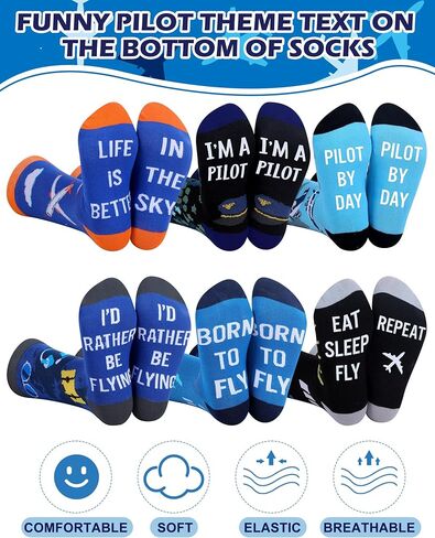6 Pairs Novelty Airplane Socks for Men Funny Pilot Gifts Airplane Dress Crew Socks Christmas Birthday Socks Gifts for Aviation Lovers Pilot in Kuwait