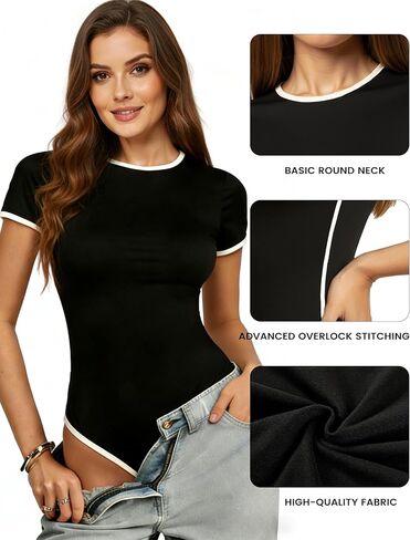 Women's Bodysuits Color Block Short Sleeve Round Neck Racer Slimming Thong Leotard Tank Tops for Going Out in Saudi Arabia