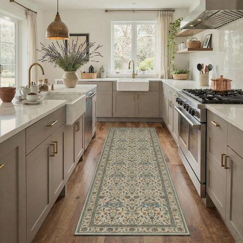 2x6 Runner Rug Washable Non Slip Low Pile Floral Print Pattern Lightweight Modern Art Deco Runner for Hallway, Kitchen, Laundry Room, Bedroom, Bathroom, Ivory in Kuwait