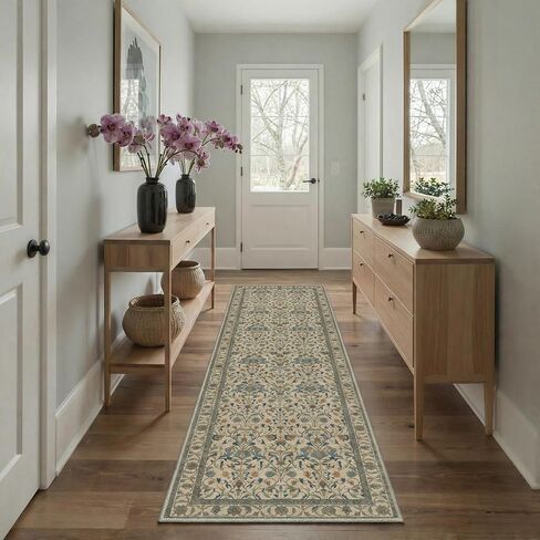 2x6 Runner Rug Washable Non Slip Low Pile Floral Print Pattern Lightweight Modern Art Deco Runner for Hallway, Kitchen, Laundry Room, Bedroom, Bathroom, Ivory in Kuwait