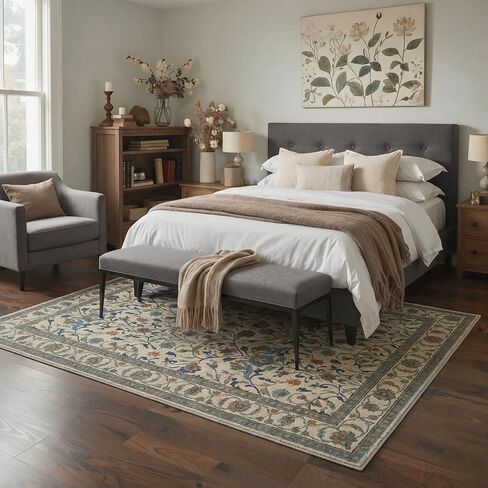 2x6 Runner Rug Washable Non Slip Low Pile Floral Print Pattern Lightweight Modern Art Deco Runner for Hallway, Kitchen, Laundry Room, Bedroom, Bathroom, Ivory in Kuwait