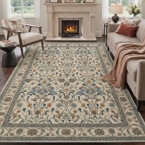 2x6 Runner Rug Washable Non Slip Low Pile Floral Print Pattern Lightweight Modern Art Deco Runner for Hallway, Kitchen, Laundry Room, Bedroom, Bathroom, Ivory in Kuwait