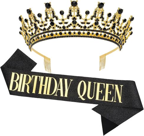 Black Gold Birthday Queen Crown and Sash for Women Birthday Crowns Decorations Tiara and Sash for Women Princess Tiara with Comb Princess Crown Girl Tiara Party for Girls in Kuwait