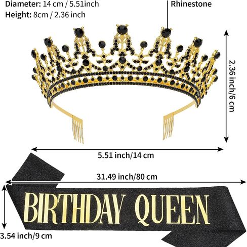 Black Gold Birthday Queen Crown and Sash for Women Birthday Crowns Decorations Tiara and Sash for Women Princess Tiara with Comb Princess Crown Girl Tiara Party for Girls in Kuwait